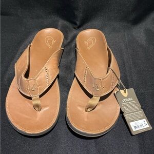 OluKai Brown Leather Flip-Flops